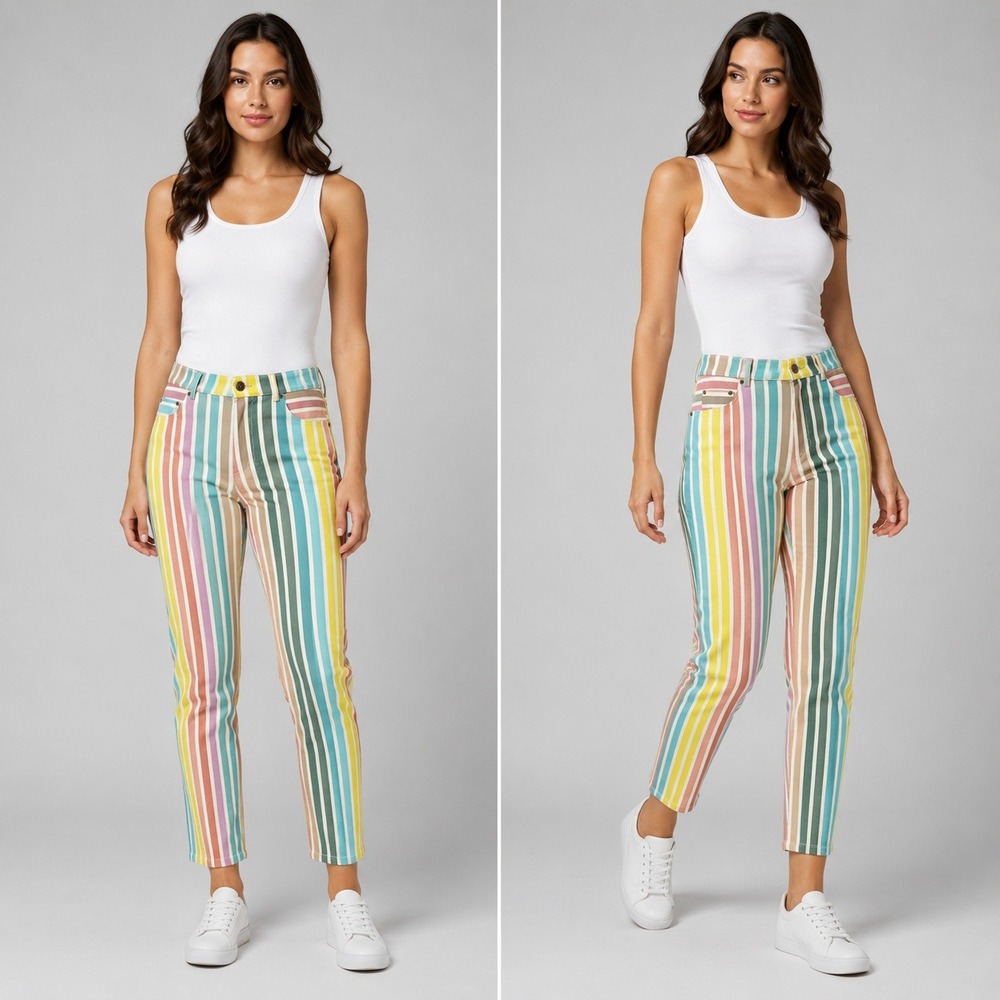 Nocturne Rainbow‎ Striped High Waisted Tapered Pants Multi Color Cotton XL-Read